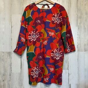 Something Navy Red Combo Floral Open Back Mini Dress Size S Linen Cotton